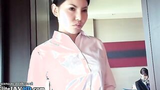 Japanese busty flight attendants stimulated in pantyhose