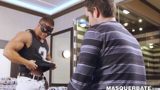 Masked muscular Devon Dexx strips slowly and masturbates