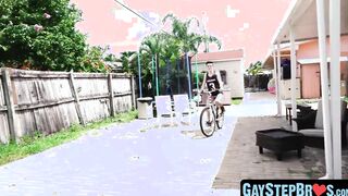 Youthful stepbrother sans protection outside and showered with cum
