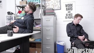 Tatted security officer sucked and milked by twink buddy