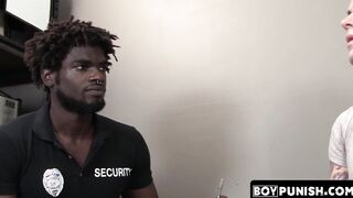An intruder is apprehended by a security guard who brutally beats him