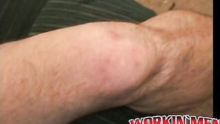 Older hairy guy masturbates using two hands on his big dick