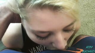 Busty blonde amateur deepthroats and rides a cock
