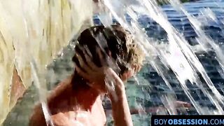 Near the pool blonde twink Tyler Thayer jerks his cock