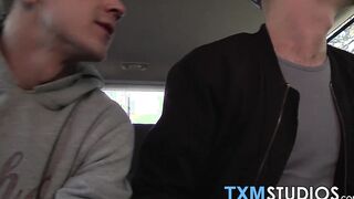 Intense anal fucking and cock sucking threesome in a car
