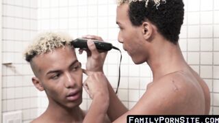 Dark twink gets a hair style before jerk off meeting