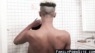 Dark twink gets a hair style before jerk off meeting