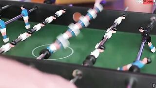 Mia Trejsi and her BF Charlie Dean are having fun at Christmastime. They play foosball together, with Mia celebrating every point she scores by bouncing up and down with her boobies clearly jiggling. After she wins, she comes over to sooth Charlie's p