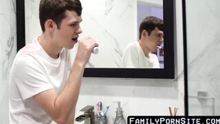 Stepdad is deepthroated by a horny stepson before they get bareback fucked