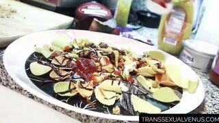 Lovely Asian ladyboy jolting off to jizz on a food plate