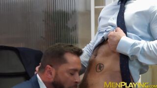 Businessmen stain their office table and equipment with cum