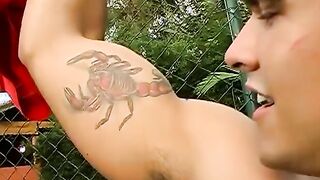 Horny Brazilian muscle head yanking off his pounding dick outside
