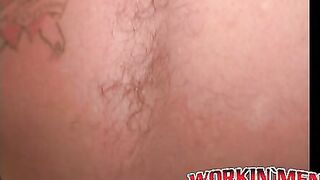 Tattooed mature guy jerks off his hard meat and cums loads