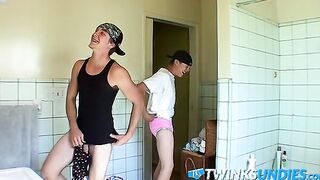 Twinks have fun in a changing room while being in underwear