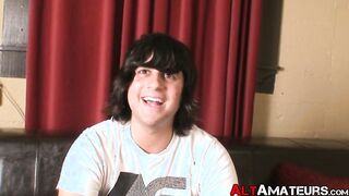 Long haired alternate amateur is stroking his enormous dick