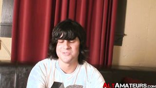 Long haired alternate amateur is stroking his enormous dick