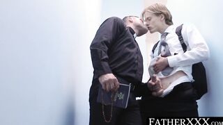 Twink trades sensual caresses with daddy cleric before crude fucking