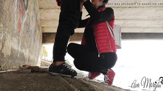 Slutty chick blowing her ex inside outdoors under the bridge.