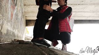 Slutty chick blowing her ex inside outdoors under the bridge.