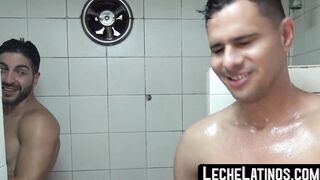 Gay Latino friends make out bareback in the hot shower