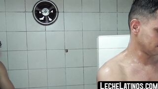 Gay Latino friends make out bareback in the hot shower