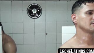 Gay Latino friends make out bareback in the hot shower
