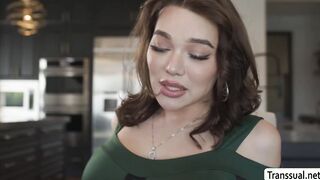18 yr old gets fucked by two busty shemale