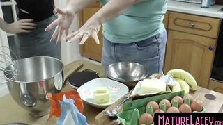 Younger chick gets sensually fucked by big tits in the kitchen