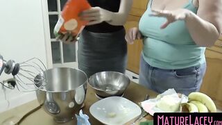 Younger chick gets sensually fucked by big tits in the kitchen