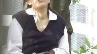 Japanese schoolgirl touching herself before peeing outside