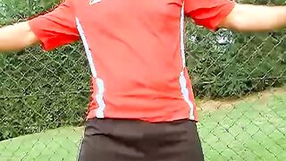 Horny Brazilian jock jerking off his throbbing cock outdoors