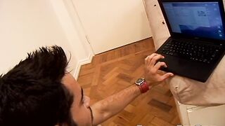 Inked hunk jerking off with fleshlight while watching porn