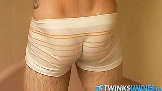Buff stud has solo fun by showering and stroking in undies