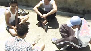 Four young homos fool around before fucking bareback