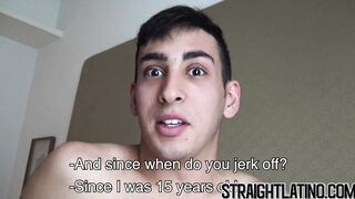 Cute Latin man swallowing after first banging with a man