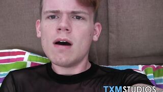 Cute homosexual guy masturbates and cums on himself solo