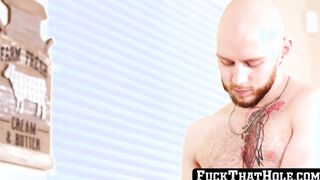 Before interracial bareback bald athlete Orson Deane rimmed