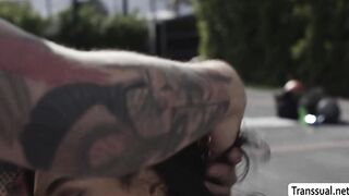 Gaze at this TS suck and ride 2 big cocks in court