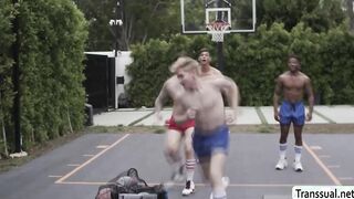 Gaze at this TS suck and ride 2 big cocks in court