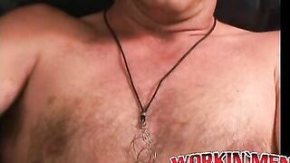 Older dude strips and tugs on his big cock and cums hard