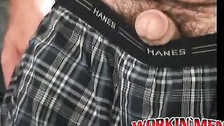 Older dude strips and tugs on his big cock and cums hard