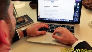 Deep anal sex for two men inside of their cubicle office