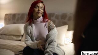 Busty TS Foxxy suck and ride stepsons dick