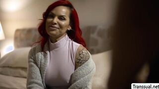 Busty TS Foxxy suck and ride stepsons dick