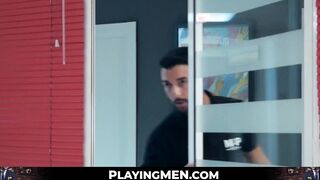 After sucking cock a suit and tie worker gets his ass railed