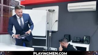 After sucking cock a suit and tie worker gets his ass railed