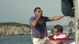 Four gay men with muscles have a hard anal session together