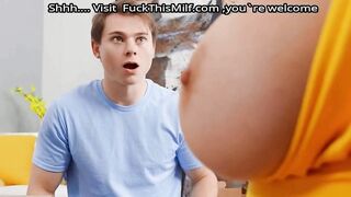 Mom blonde seduced her stepsons friend for passionate sex right in the living room -