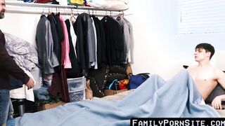 Charming large dicked stepson yanked off by hairy bear daddy