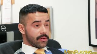 Businessmen relax and then have sex in their cozy office